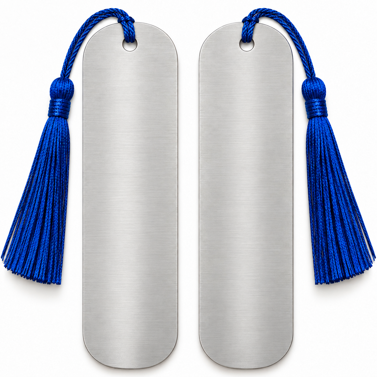 Marcapáginas de acero en blanco con borla azul, anverso y reverso de una misma unidad