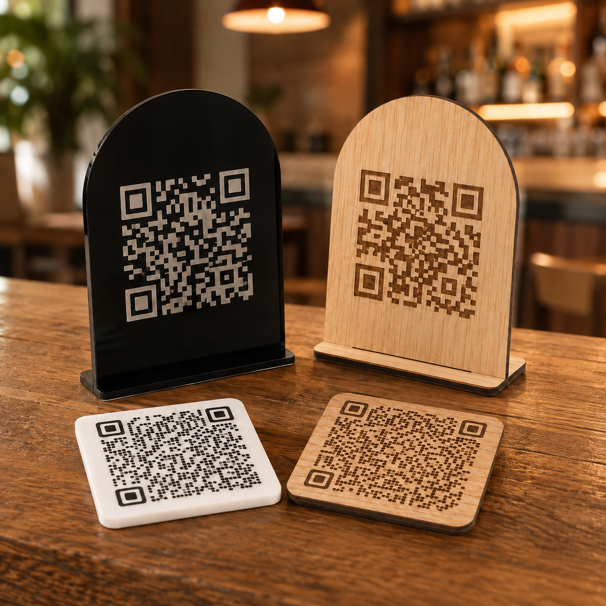 Expositores personalizados de metacrilato y madera con códigos QR en una mesa de bar