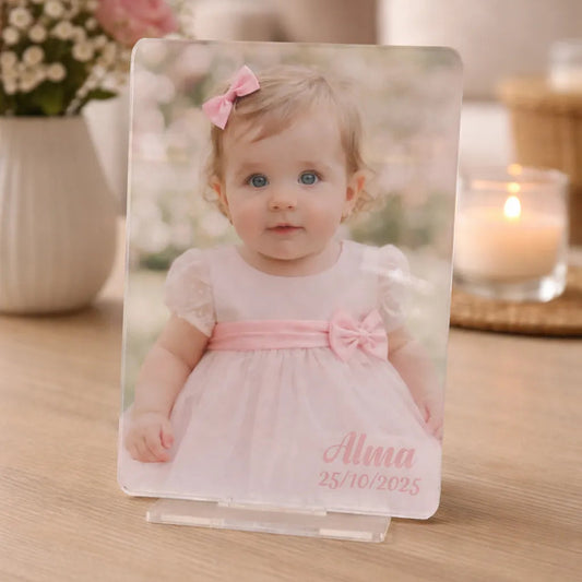 Detalle personalizado en metacrilato con foto para bautizos, comuniones y bodas