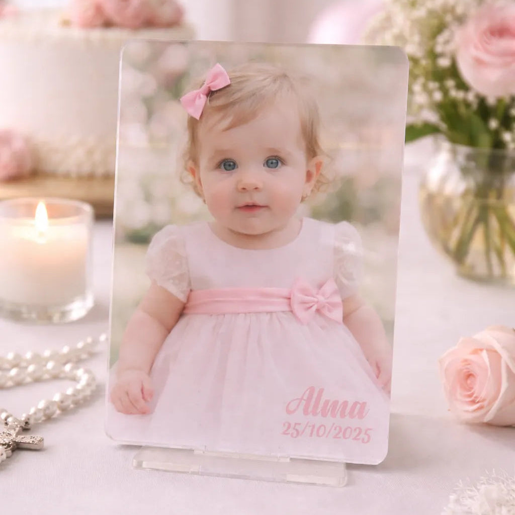 Detalle personalizado en metacrilato con foto para bautizos, comuniones y bodas