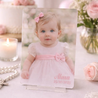 Detalle personalizado en metacrilato con foto para bautizos, comuniones y bodas