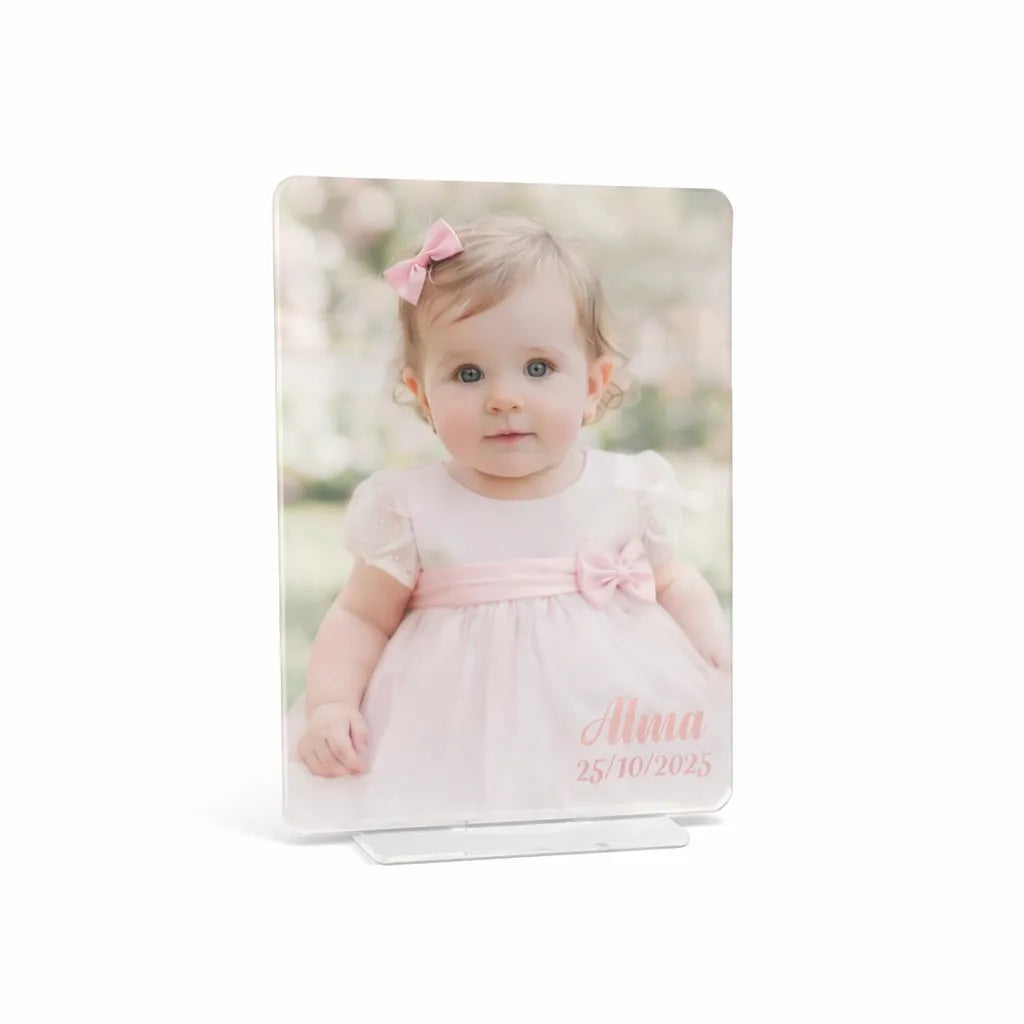 Detalle personalizado en metacrilato con foto para bautizos, comuniones y bodas