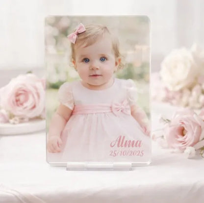 Detalle personalizado en metacrilato con foto para bautizos, comuniones y bodas