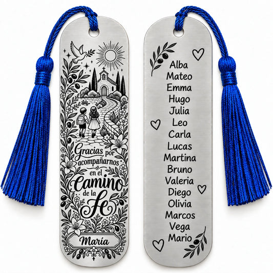 Marcapáginas de acero de 146 × 41 mm para catequistas, diseño Camino de fe, anverso y reverso con borla azul