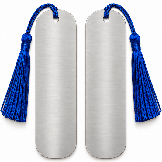 Marcapáginas de acero en blanco con borla azul, anverso y reverso de una misma unidad