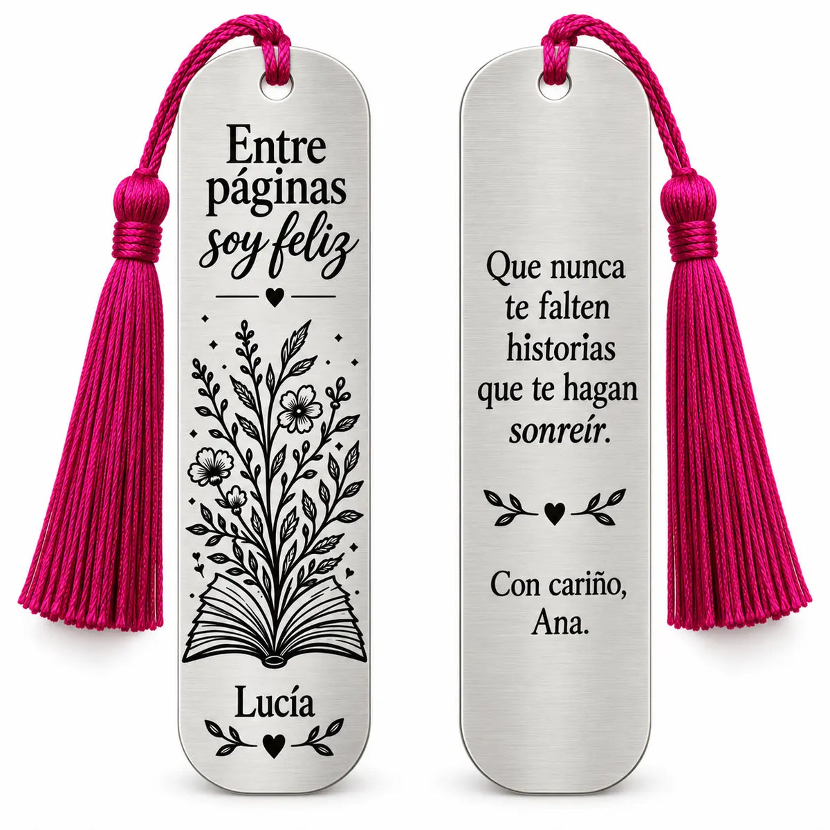 Marcapáginas Entre páginas soy feliz, anverso y reverso personalizados; simulación de grabado