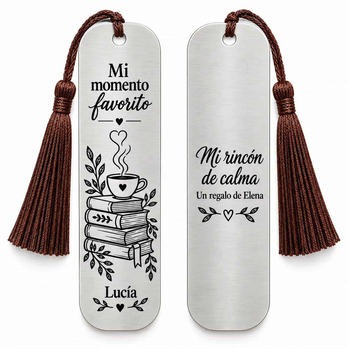 Marcapáginas Mi momento favorito, anverso con libros y taza y reverso con dedicatoria; simulación de grabado