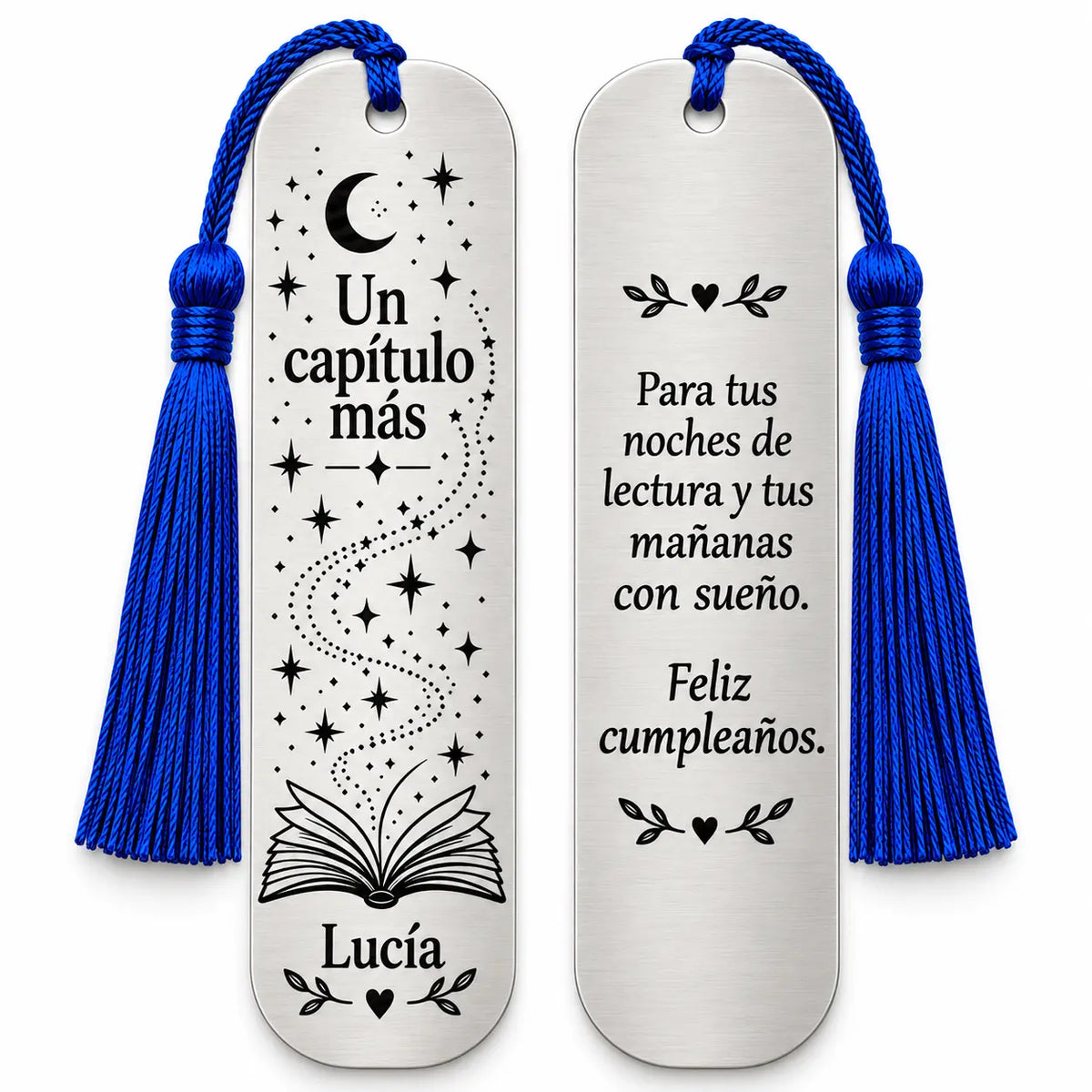 Marcapáginas Un capítulo más, anverso y reverso personalizados; simulación de grabado