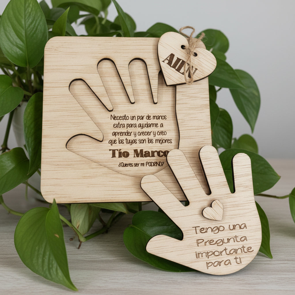 Regalo personalizado para pedir padrino o madrina en madera con forma de mano